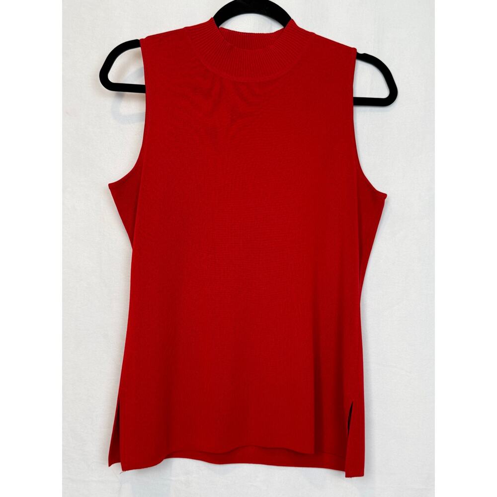 Misook Red Mock Neck Sleeveless Knit Top Side Slit Size M